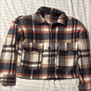 Plaid Button-Up Jacket - Black, Brown, Cream